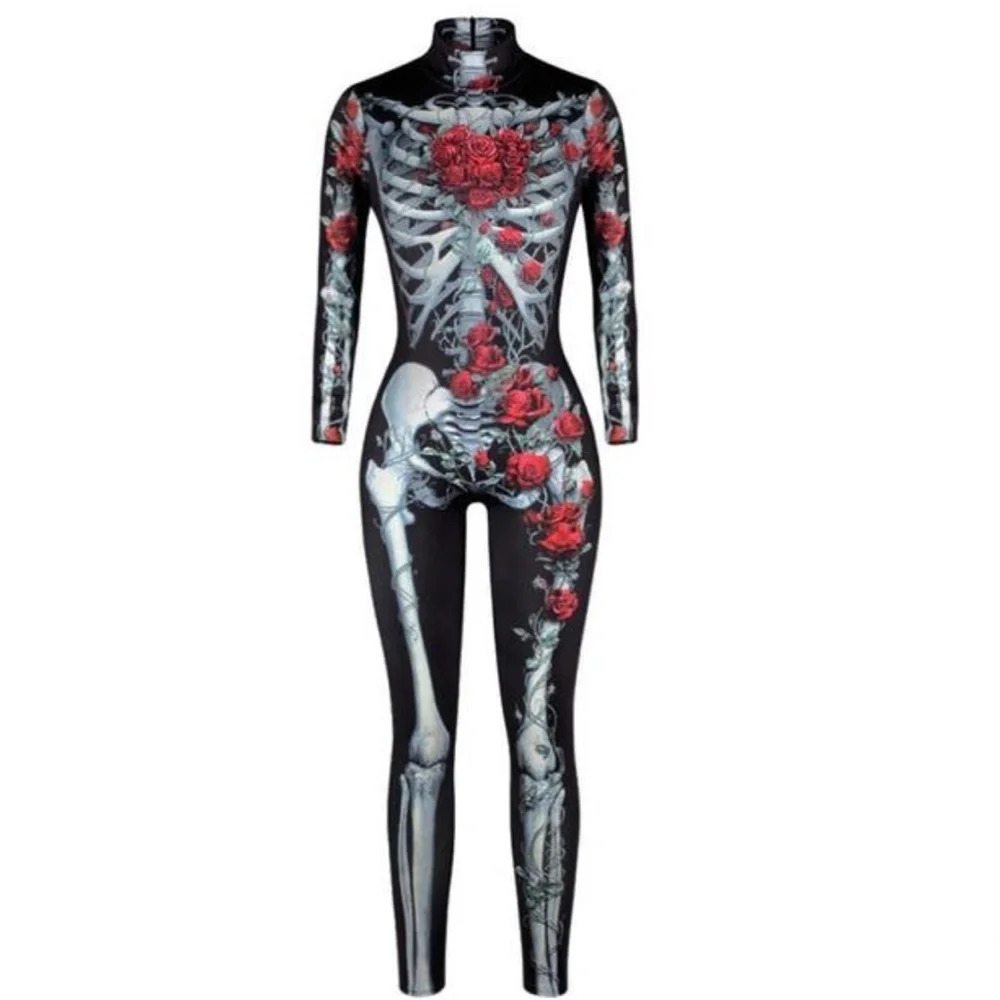 Skeleton Rose Print Scary Costume Black Skinny Jumpsuit Bodysuit Halloween XL